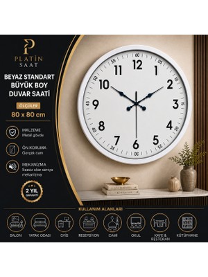 Beyaz Standart Büyük Boy 80 cm Metal Duvar Saati