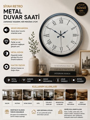 40 cm Siyah Metal Retro Duvar Saati