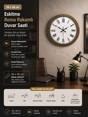 36 cm Eskitme Metal Roma Rakamlı Duvar Saati