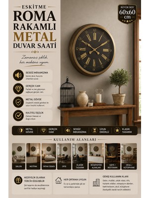 60 cm Eskitme Metal Roma Rakamlı Duvar Saati