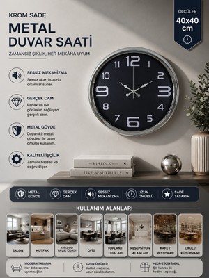 Krom Sade 40 cm Metal Duvar Saati