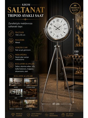 Krom Saltanat 150 x 45 cm Metal Tripod Ayaklı Saat