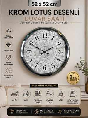 Krom Lotus Desenli 52 cm Metal Duvar Saati