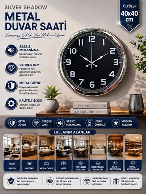 Silver Shadow 40 cm Metal Duvar Saati
