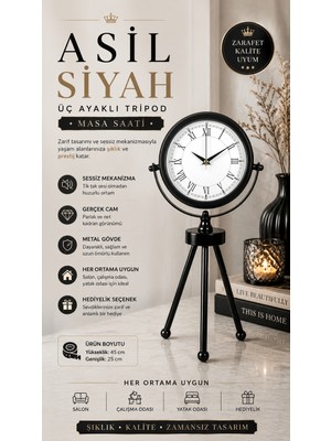 Asalet Siyah Üç Ayaklı Metal Masa Saati