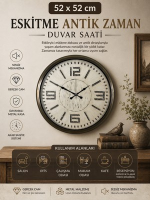 Eskitme Antik Zaman 52 cm Metal Duvar Saati