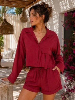 Mila Butik Cepli Bordo Gömlek, 36