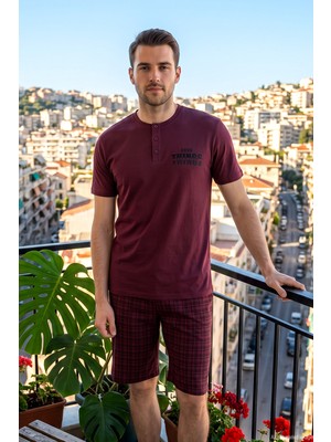 Remsa Erkek Kısa Kollu Şortlu Pamuklu Pijama Takımı 260006 Bordo
