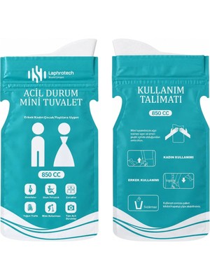 Laphrotech Acil Durum Mini Tuvalet 850 cc Tek Kullanımlık Sızdırmaz Emici Jelli Seyahat Idrar Torbası Araç Içi Trafik Kamp Karavan Uzun Yol Deprem Çantası Çocuk Yaşlı Bakım
