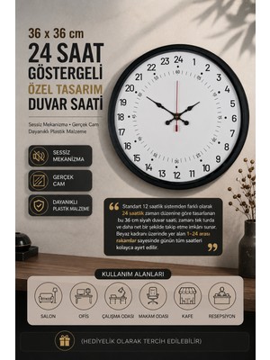 36 cm Siyah 24 Saat Göstergeli Duvar Saati