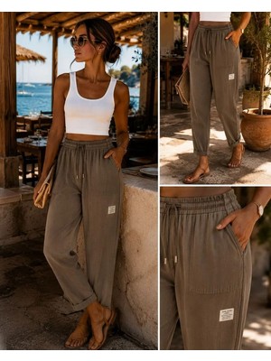 Mila Butik Dar Paça Keten Yandan Cepli Pantolon Haki, Xl
