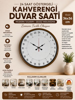 36 cm Kahverengi 24 Saat Göstergeli Özel Tasarım Duvar Saati