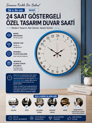 36 cm Mavi 24 Saat Göstergeli Özel Tasarım Duvar Saati