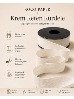 Roco Paper Co. Krem Keten Kurdele 2,5 cm x 20 Metre, Hediye Paketi ve Hobi Şeridi, Ambalaj ve Süsleme Kurdelesi