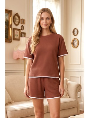 Remsa Kadın Kısa Kol Şortlu Waffle Kumaş Pijama Takımı  260113 Kiremit