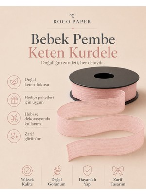 Roco Paper Co. Bebek Pembe Keten Kurdele 2,5CMX20METRE, Hediye Paketi ve Hobi Şeridi, Ambalaj ve Süsleme Kurdelesi