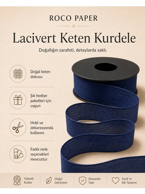Roco Paper Co. Lacivert Keten Kurdele 2,5 cm x 20 Metre, Hediye Paketi ve Hobi Şeridi, Ambalaj ve Süsleme Kurdelesi