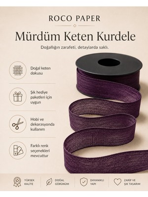 Roco Paper Co. Mürdüm Keten Kurdele 2,5 cm x 20 Metre, Hediye Paketi ve Hobi Şeridi, Ambalaj ve Süsleme Kurdelesi