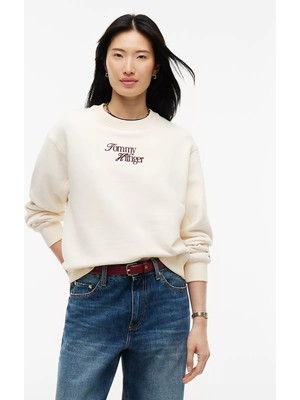 Tommy Hilfiger Kadın Regular Fit Bisiklet Yaka Uzun Kollu Krem Sweatshirt WW0WW51598-AEF