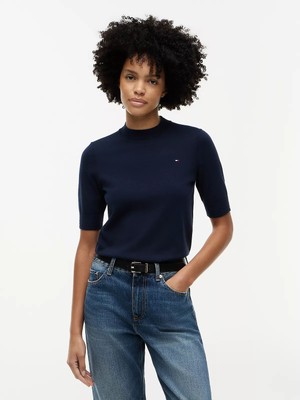Tommy Hilfiger Kadın Kısa Kol Çizgi Desen Yuvarlak Yaka Regular Fit Lacivert Kazak WW0WW49705-C1G