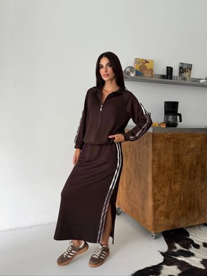Meride Fashion Modal Kumaş Şeritli Ikili Takım - 2474 Kahverengi