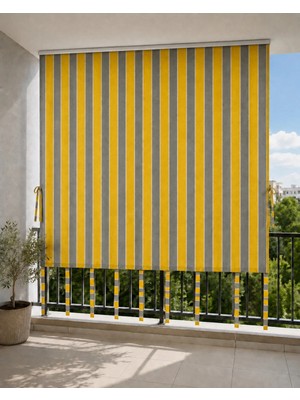 Utku Tekstil Utku-Tekstil-Sarı-Gri Balkon Perdesi Üst Kornişli, Bağcıklı, Güneş ve Rüzgar Koruyucu Dış Mekan Perdesi