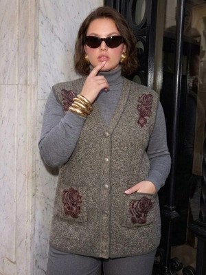 Onno Style Karyağdı Gül Desenli Çelik Örgü Triko Kadın Yelek