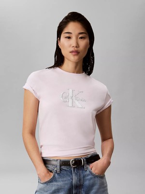 Calvin Klein Kadın Normal Kalıp Ck Logo Baskılı Yuvarlak Yakalı Kısa Kollu Pembe T-Shirt LV047H800G-3FS