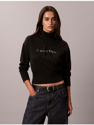 Calvin Klein Kadın Rahat Kalıp Balıkçı Yaka Esnek Pamuklu Logo Nakışlı Uzun Kollu Siyah Kazak LV047H329G-UB1