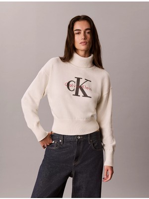 Calvin Klein Kadın Rahat Kalıp Balıkçı Yaka Esnek Pamuklu Logo Nakışlı Uzun Kollu Krem Kazak LV047H329G-YAS