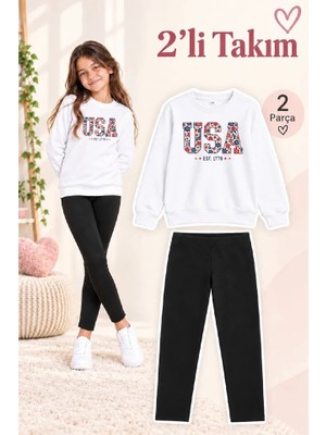 Genosha Kız Çocuk Bisiklet Yaka Sweatshirt ve Tayt 2’li Takım