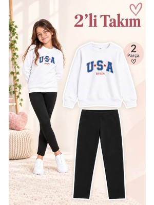 Genosha Kız Çocuk Bisiklet Yaka Sweatshirt ve Tayt 2’li Takım