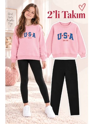 Genosha Kız Çocuk Bisiklet Yaka Sweatshirt ve Tayt 2’li Takım