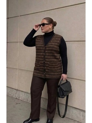 Onno Style Büyük Beden Klasik Triko Renkli Düğmeli Çelik Örgü Kadın Yelek