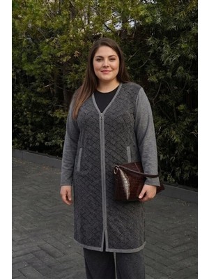 Onno Style Desenli Çelik Örgü Triko Uzun Kadın Ceket