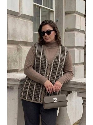 Onno Style Kazayağı Desen Renkli Çelik Örgü Triko Kadın Yelek