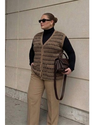 Onno Style Büyük Beden Klasik Triko Renkli Düğmeli Çelik Örgü Kadın Yelek