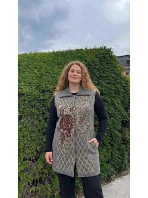 Onno Style Büyük Beden Ekose Gül Pike Desenli Çelik Örgü Kadın Triko Yelek Kaban