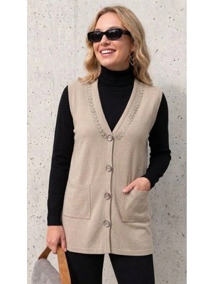Onno Style Yakası Taşlı Çelik Örgü Triko Kadın Yelek