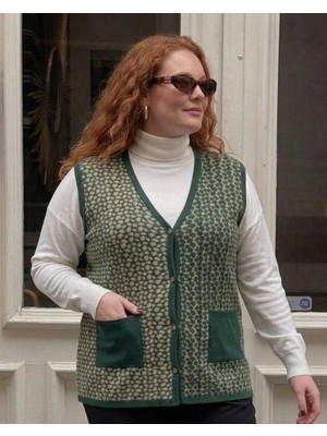 Onno Style Büyük Beden Çelik Örgü Klasik Leopar Desen Triko Kadın Yelek