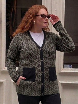 Onno Style Büyük Beden Çelik Örgü Klasik Leopar Desen Triko Kadın Ceket