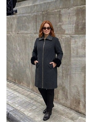 Onno Style Kol Ağzı Kürklü Çelik Örgü Triko Kadın Kaban