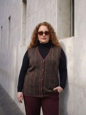 Onno Style Büyük Beden Kazayağı Desen Renkli Çelik Örgü Triko Kadın Yelek