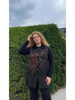 Onno Style Büyük Beden Ekose Gül Pike Desenli Çelik Örgü Kadın Triko Yelek Kaban