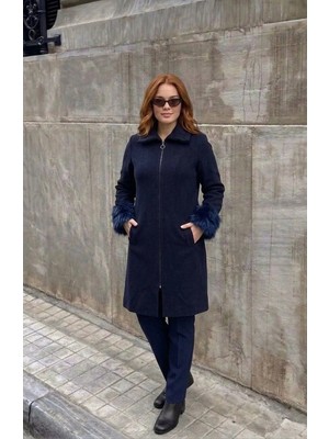 Onno Style Kol Ağzı Kürklü Çelik Örgü Triko Kadın Kaban