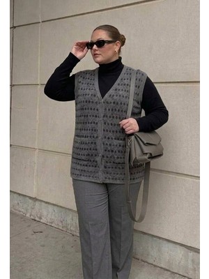 Onno Style Büyük Beden Klasik Triko Renkli Düğmeli Çelik Örgü Kadın Yelek