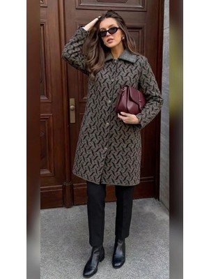Onno Style Desenli Çelik Örgü Uzun Triko Kadın Kaban