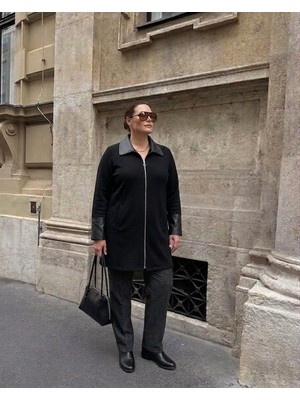 Onno Style Yaka Kol Ağzı Derili Çelik Örgü Triko Kaban