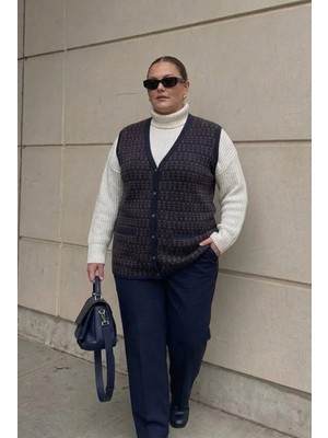 Onno Style Büyük Beden Klasik Triko Renkli Düğmeli Çelik Örgü Kadın Yelek
