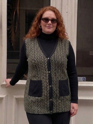 Onno Style Büyük Beden Çelik Örgü Klasik Leopar Desen Triko Kadın Yelek